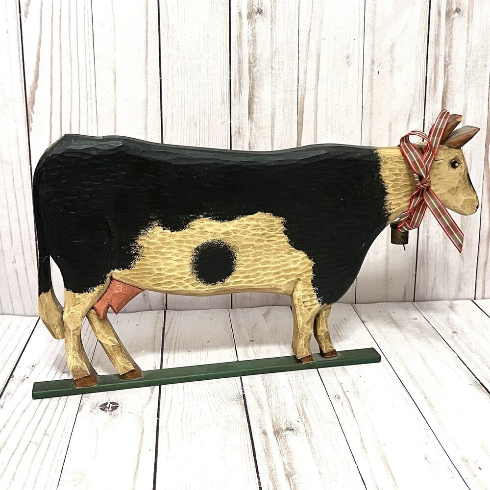Vintage Hand Carved Folk Art Cow Wall Hanging Primitive Wooden Holstein
